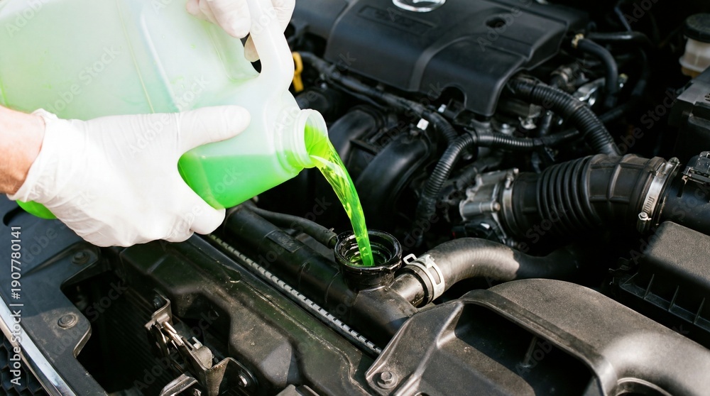 Fototapeta premium Mechanic pouring green antifreeze into car engine during maintenance