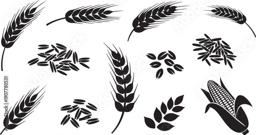 Black and white illustration of various grain and leaf silhouettes