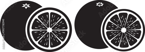 Black and White Orange Icons: Whole Citrus Fruit and Slices with Minimalist Flat Design for Food, Juice, or Healthy Lifestyle Concepts