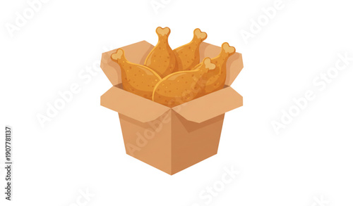 Crispy Fried Chicken Drumsticks in Cardboard Takeout Box Flat Vector