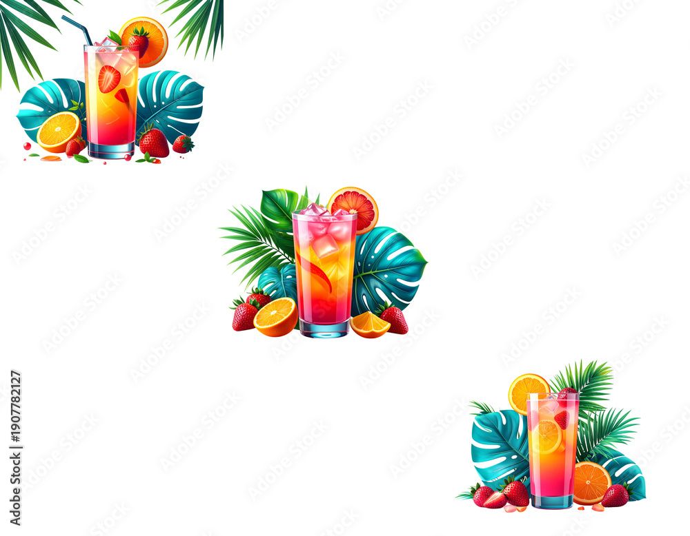 Naklejka premium A vibrant illustration of three colorful cocktails on transparent background with tropical leaves and fruits
