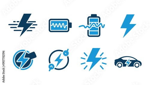 Electric Power and Energy Flat Icons Set with Battery Charging Lightning and Electric Car