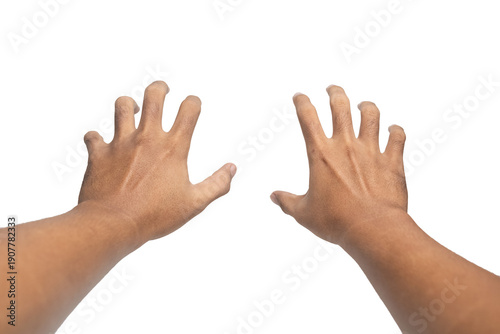 Tableau sur toile first person perspective of man hands reaching out something isolated on white background