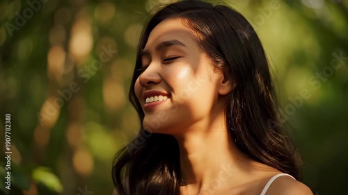 Serene young woman enjoying nature's beauty outdoors and feeling comfortable 