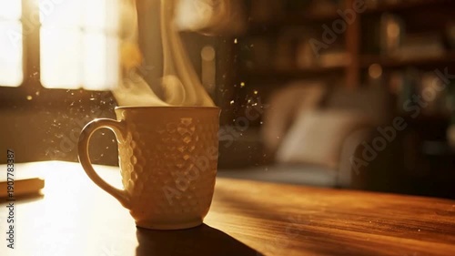 Cozy morning concept with hot steaming tea and cinematic lighting