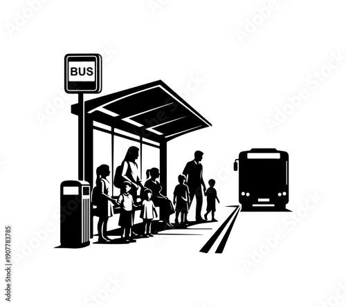 Bus Stop with Passengers and Public Transport