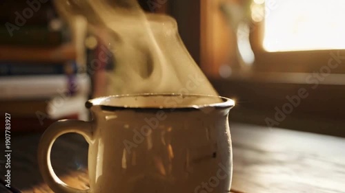 Cozy morning concept with hot steaming tea and cinematic lighting