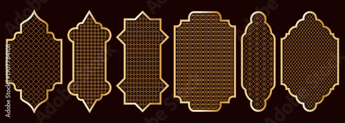 Islamic arch and window frames with gold geometric Arabic patterns