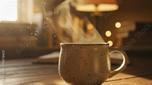 Cozy morning concept with hot steaming tea and cinematic lighting