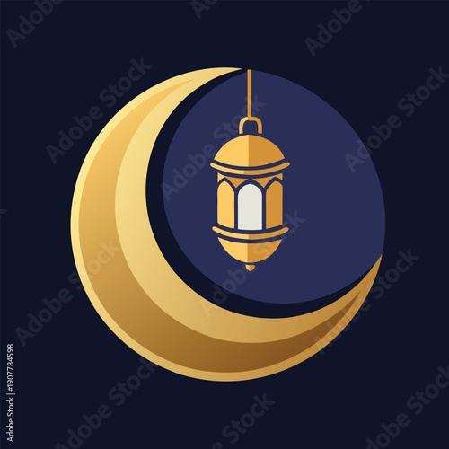 Golden crescent moon with hanging lantern ramadan night vector design