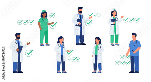 A diverse group of medical professionals are depicted surrounded by checkmarks, symbolizing efficiency and successful outcomes in healthcare