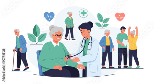 Healthcare illustration depicting a doctor examining an elderly patient surrounded by other seniors, symbolizing health and wellness for the aged population and medical support