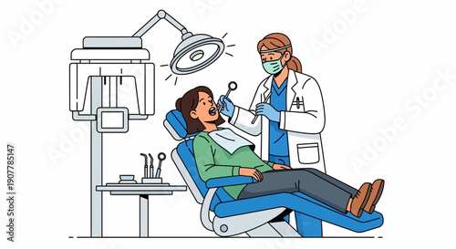 Dentist examining a patient in a dental chair with medical instruments and equipment, clean and modern clinic illustration