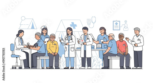 Medical professionals providing healthcare and support to elderly patients in a clinic setting