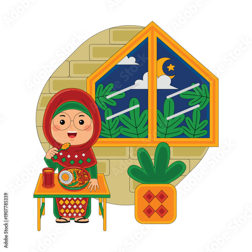 Happy Woman in Hijab Eating a Meal by the Window at Night