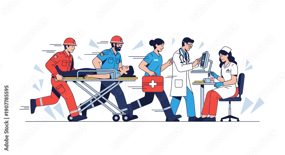 Obraz premium Emergency medical response team rushing patient to hospital on stretcher with doctor and nurse