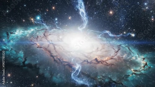 Flying through glowing blue and purple nebula in deep space