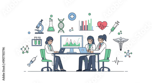 Medical professionals collaborating on research and data analysis at a modern laboratory desk, surrounded by scientific equipment