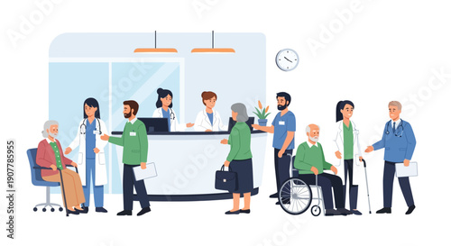 A diverse group of elderly patients and healthcare professionals interacting at a busy hospital reception desk, symbolizing care and medical assistance
