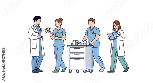 Medical professionals in a hospital setting, including doctors and nurses, collaborating with medical equipment