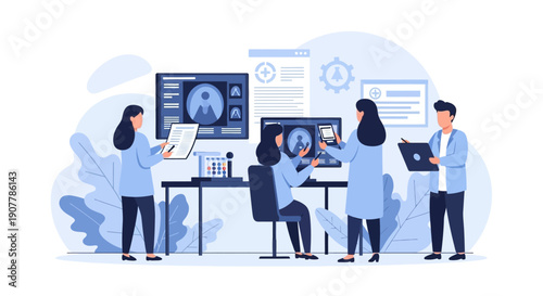 Scientific research team collaborating in a modern laboratory with advanced technology and medical imaging displays