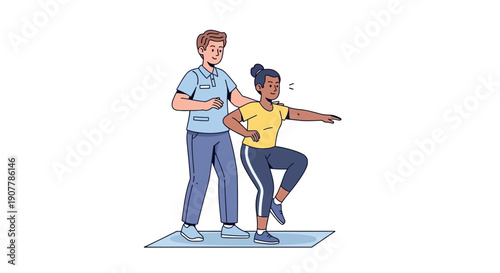 Physical therapist assisting patient with leg raise exercise on a mat, promoting rehabilitation and physical wellness