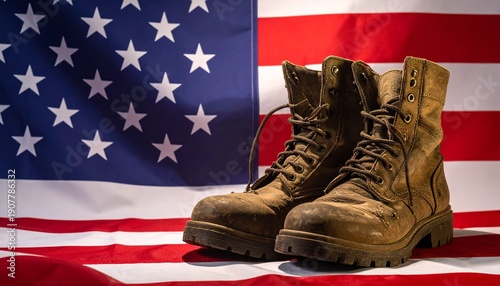 Worn combat boots on American flag, symbol of service and sacrifice