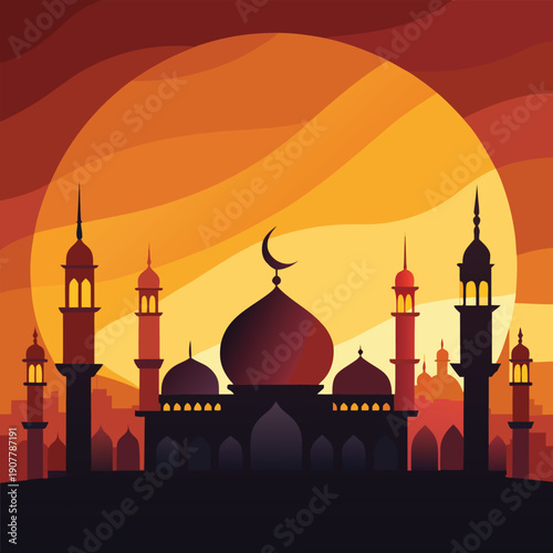 Islamic mosque silhouette at sunset ramadan kareem vector illustration art