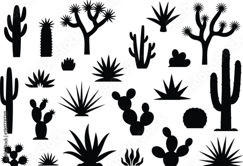 Vector silhouette set of desert plants including saguaro cactus, prickly pear, agave, and Joshua trees isolated on white background for minimalist southwestern nature landscape design (