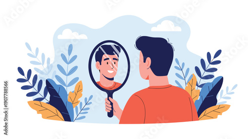 Confident young man looking at his happy reflection in a hand mirror surrounded by decorative leaves in a flat design.