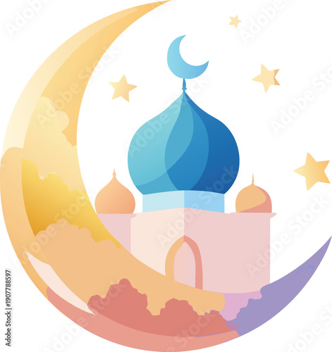 Ramadan islamic mosque with crescent moon colorful flat vector design