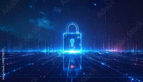 Secure digital network with glowing padlock and abstract data streams, cyber security concept