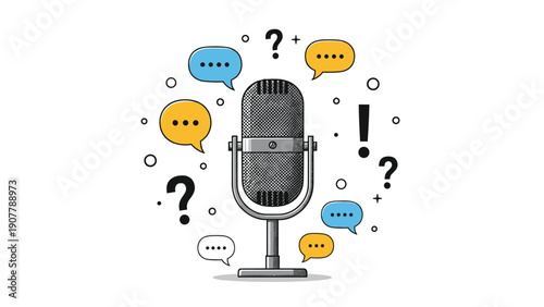 Studio microphone surrounded by colorful speech bubbles question marks and exclamation marks for communication concept.