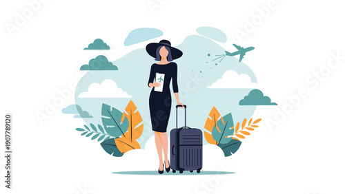Fashionable woman standing with a suitcase and a flight ticket at the airport with an airplane flying in the background.