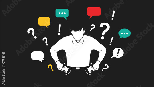 Man with empty pockets looking confused and worried about money surrounded by question marks and speech bubbles.