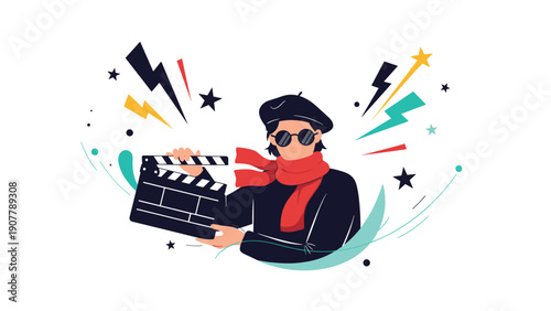 Creative filmmaker in a beret and scarf holding a movie clapperboard with lightning bolts and stars in the background.