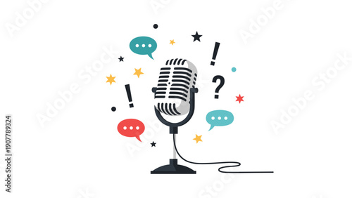 Retro studio microphone surrounded by colorful speech bubbles stars and punctuation marks for podcasting concept.