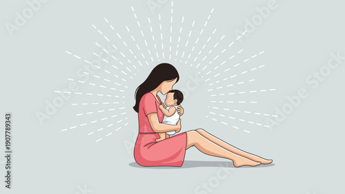 Mother tenderly kissing her baby's forehead while sitting in a soft light with radiating rays for maternal love theme.