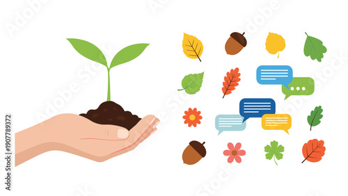 Human hand holding a small green seedling with soil next to a collection of autumn leaves and speech bubble icons.