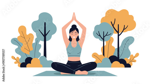 Peaceful woman practicing yoga in a seated lotus position amidst a stylized natural background with trees and colorful foliage.