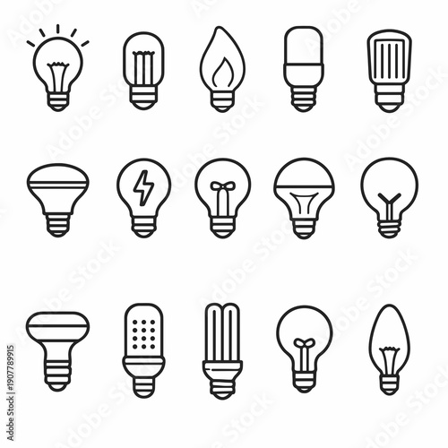 Black outline light bulb icon set showing incandescent, led, cfl and vintage lamps in different shapes, minimal electricity, energy and idea symbols for interface design.