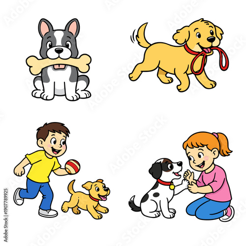 Dog training cartoon set: bulldog holding bone, retriever carrying leash, boy running with puppy and ball, and girl teaching a dog to shake paw. Obedience, exercise and bonding concept.