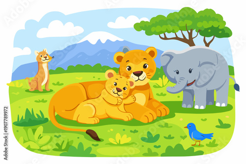 Friendly safari scene with lioness cuddling cub, smiling elephant, small wildcat and blue bird in green savanna with mountains and acacia tree. Bright kids vector illustration about family.