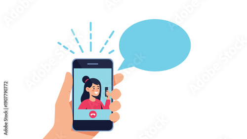 Hand holding a smartphone during a video call with a smiling woman, featuring a blank blue speech bubble for custom messages.