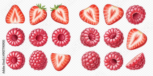 Fresh red strawberries and raspberries, whole and sliced, on a transparent background, perfect for healthy food concepts.
