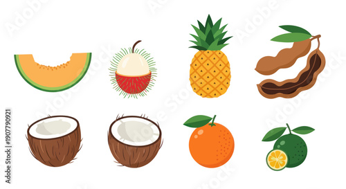 Various tropical fruits on white background
