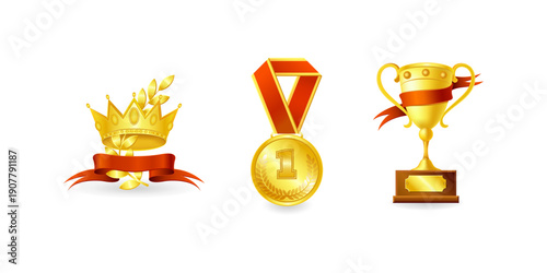 Set of award trophy and medal rendered in realistic three dimensional style representing achievement success victory competition ceremony recognition and professional celebration design elements