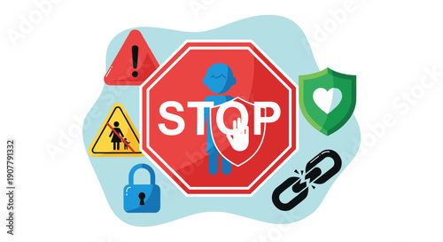 A vibrant illustration depicting various internet safety and security icons, including a prominent stop sign, warning symbols, a shield, and a broken chain, symbolizing protection and caution in the