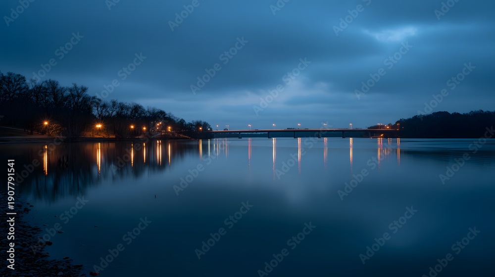 Fototapeta premium Serene Lake at Dusk with Lights Reflecting on Water.