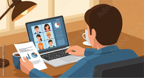 Man Working from Home on Laptop in a Video Conference Call